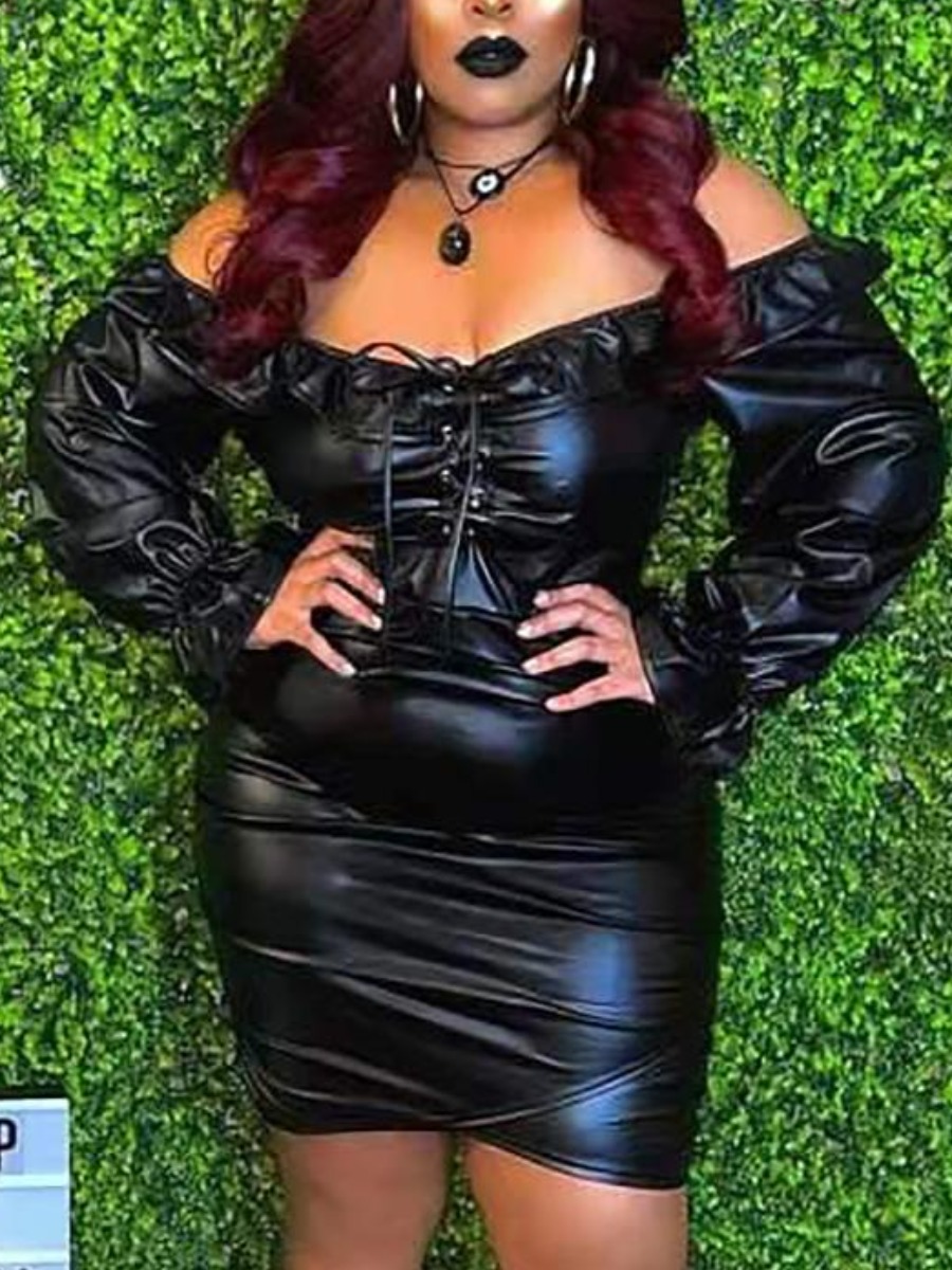 

LW Plus Size PU Bandage Ruffle Design Dress, Black
