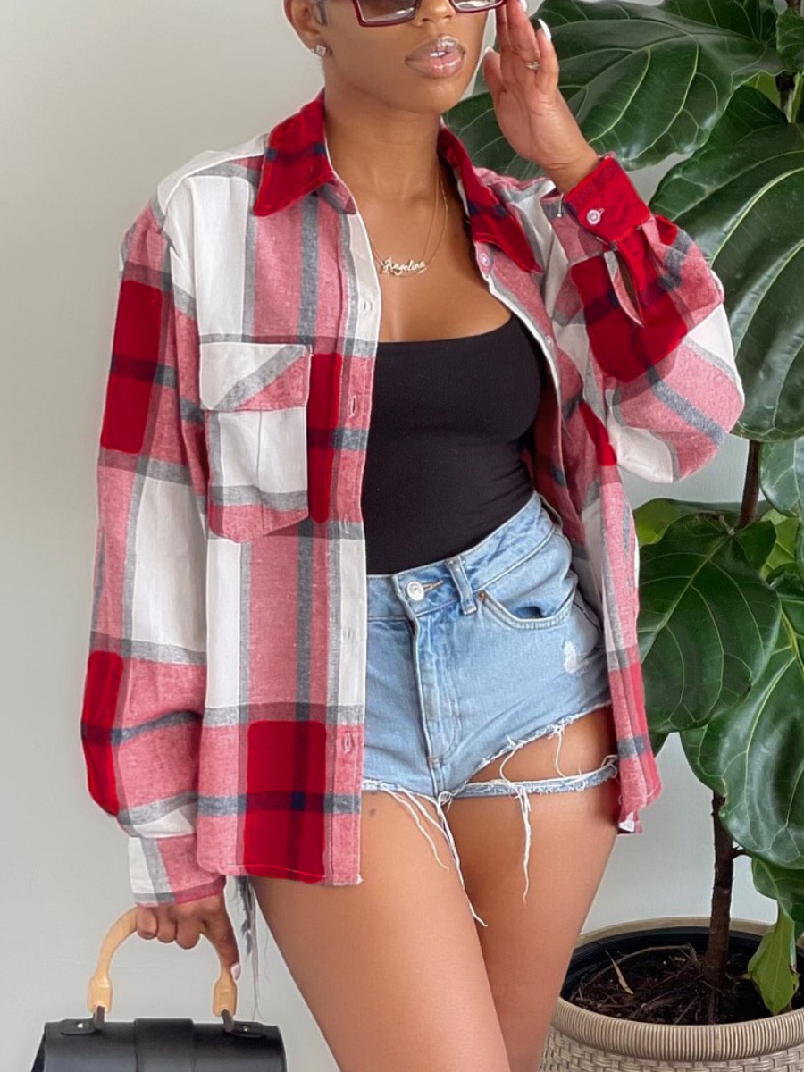 

LW BASICS Plaid Pocket Design Blouse, Red