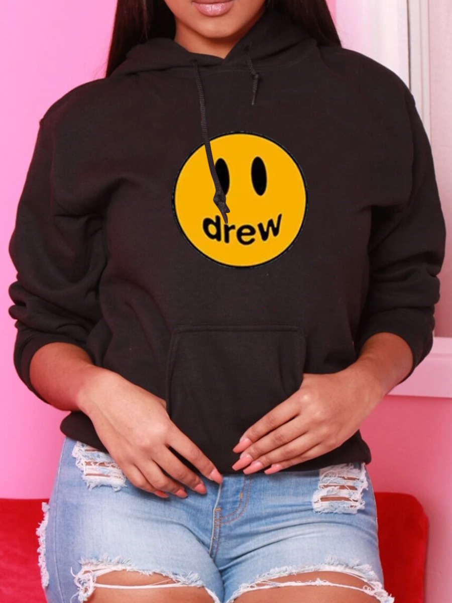 

LW BASICS Smiley Face Print Pocket Design Hoodie, Black