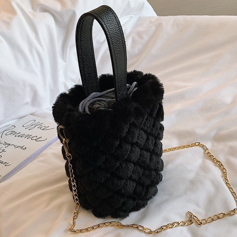 

LW Geometric Quilted Plush Barrel Messenger Bag, Black