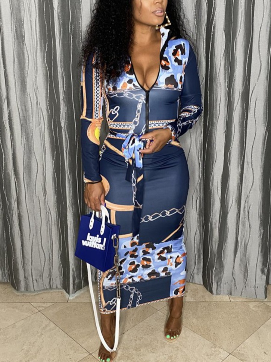 

LW Chain Print Zipper Design Dress (With Belt), Deep blue