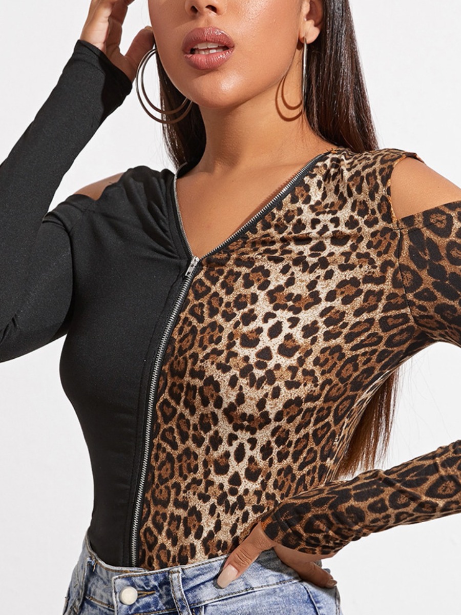 

LW SXY Leopard Patchwork Zipper Design T-shirt