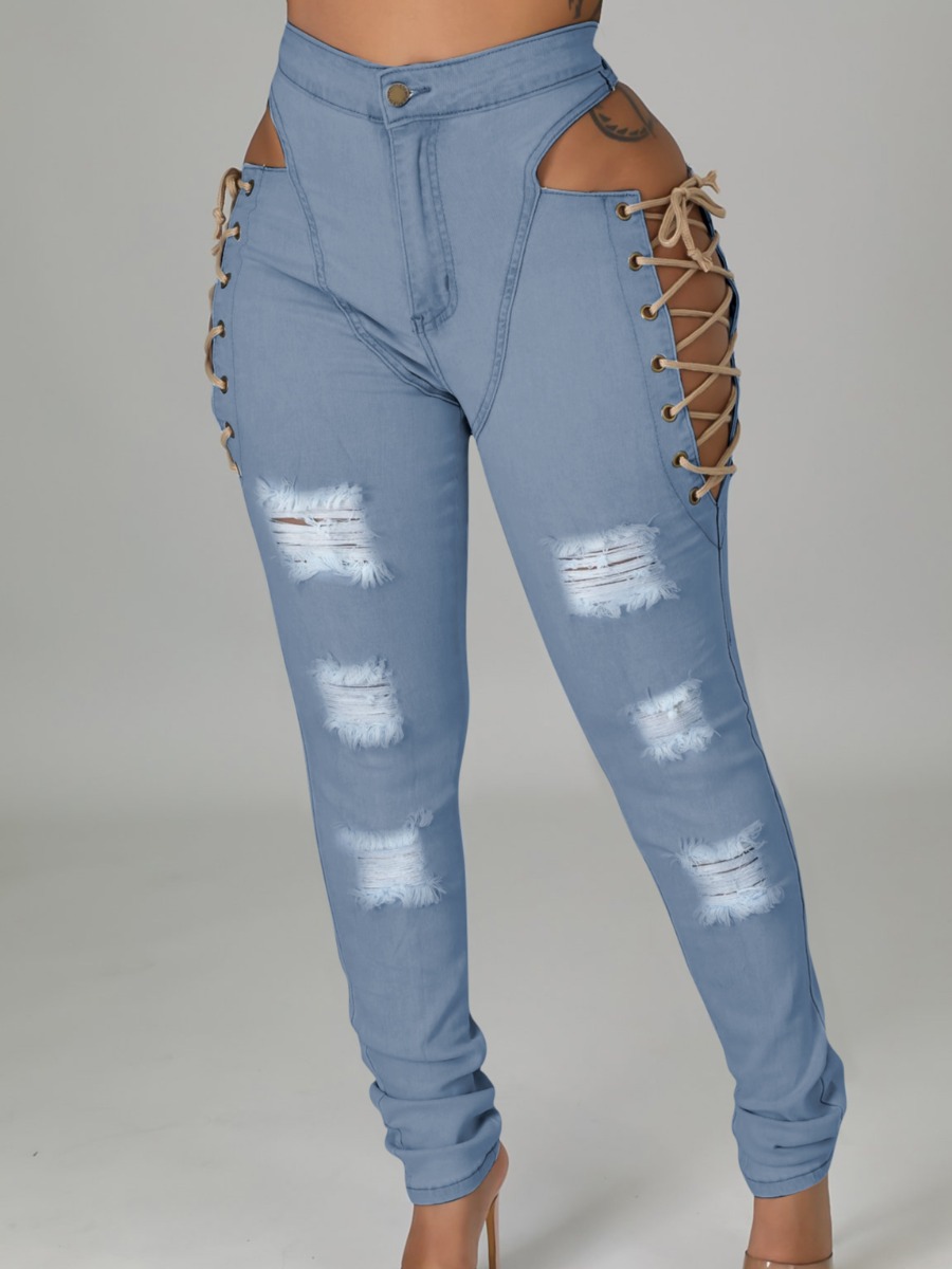 

LW SXY Ripped Hollow-out Design Jeans, Baby blue