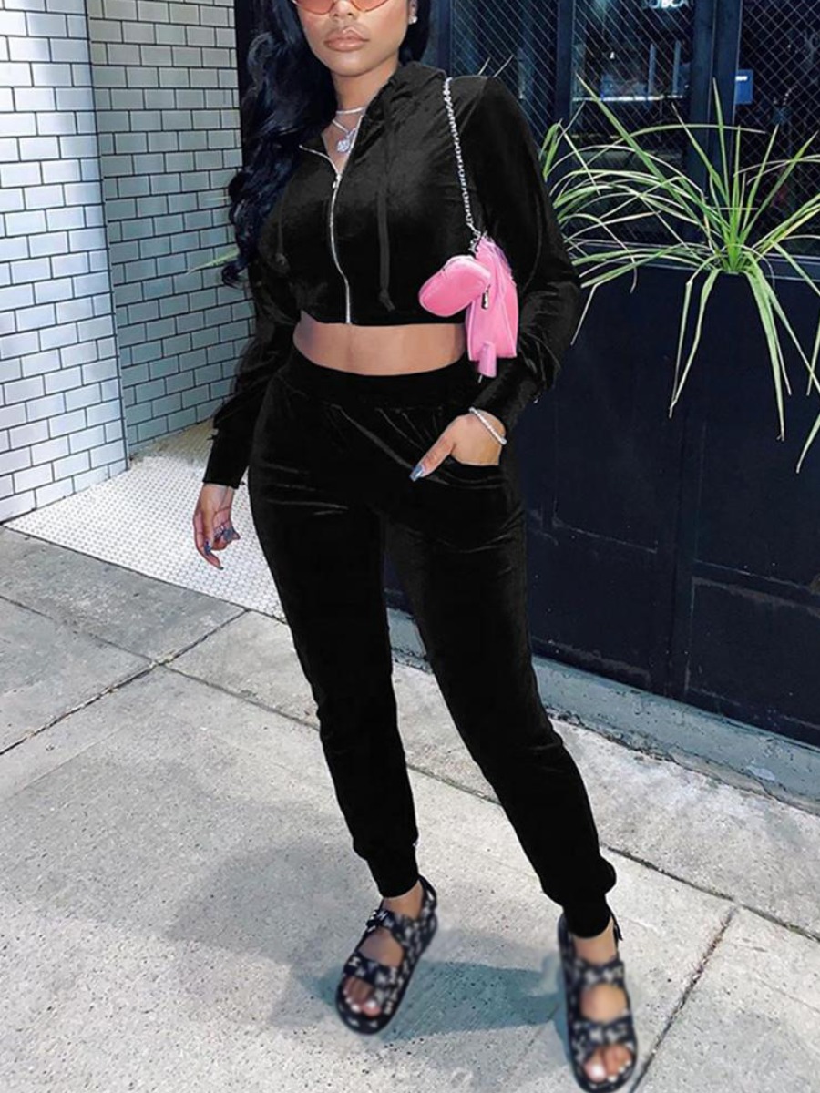 

LW Zipper Design Crop Top Pants Set, Black
