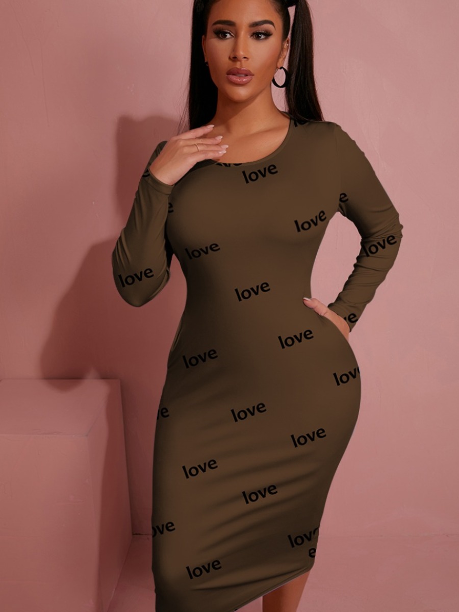 

LW BASICS Round Neck Letter Print Bodycon Dress, Brown