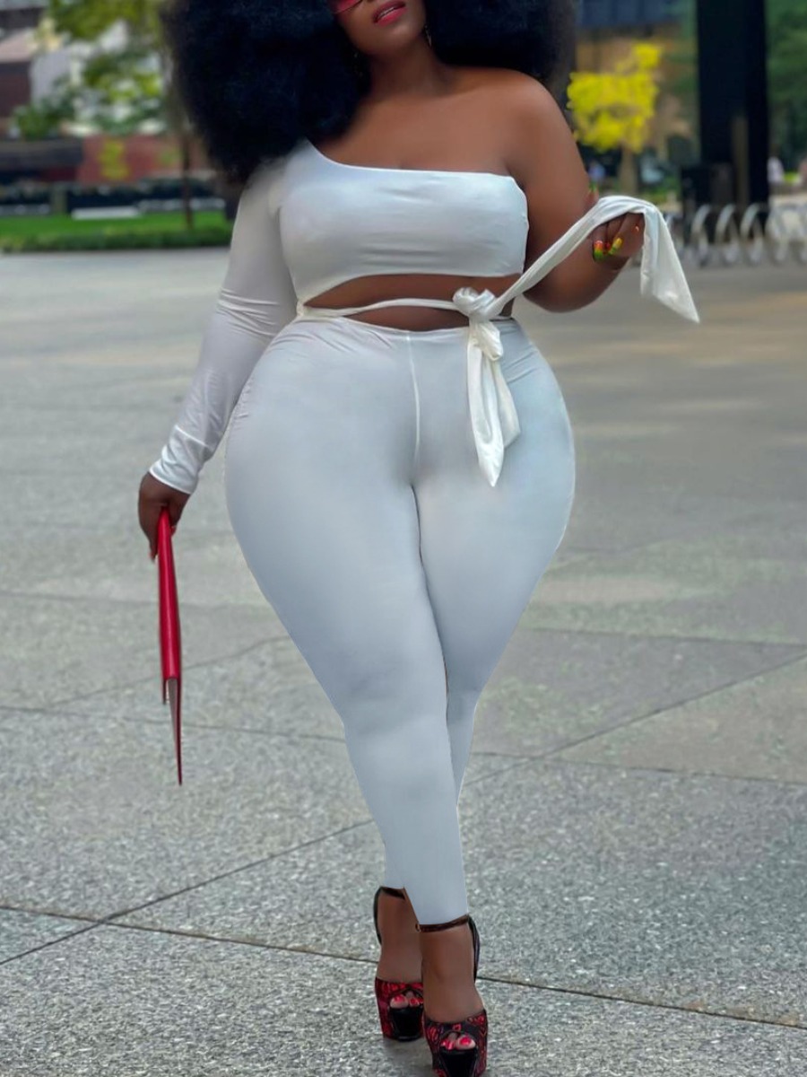 

LW Plus Size One Shoulder Bandage Design Jumpsuit, White