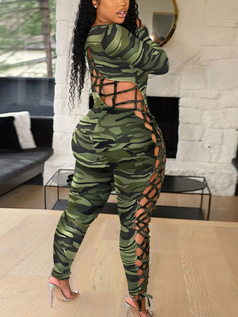 

LW Plus Size Camo Print Hollow-out Design Jumpsuit, Green