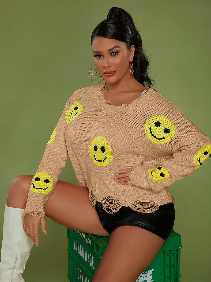 

LW Smiley Print Ripped Sweater, Light tan