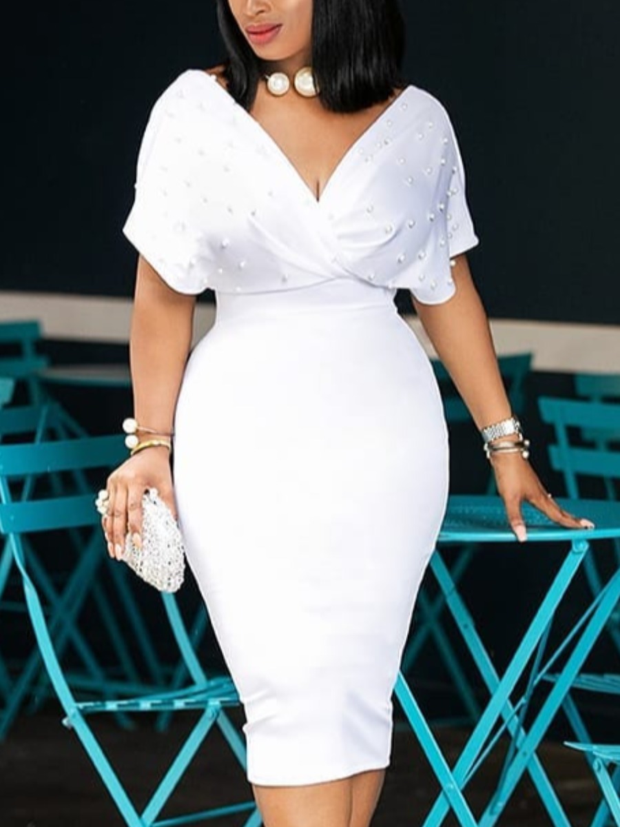 

LW Zipper Back Pearl Decor Bodycon Prom Dress, White
