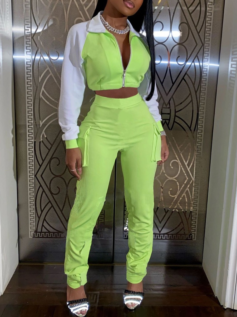 

LW Luminous Strap Patchwork Pocket Design Pants Set, Green