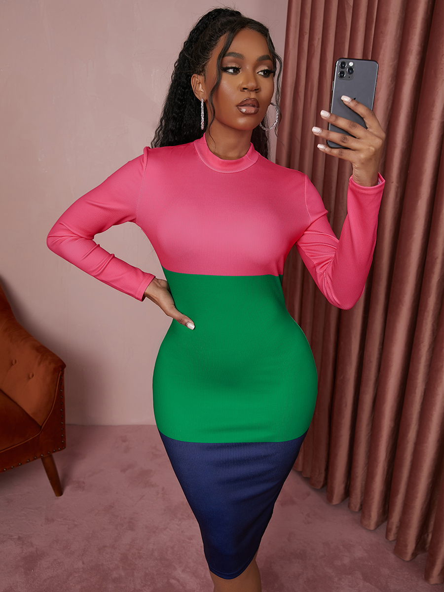 LW Round Neck Color-lump Bodycon Dress