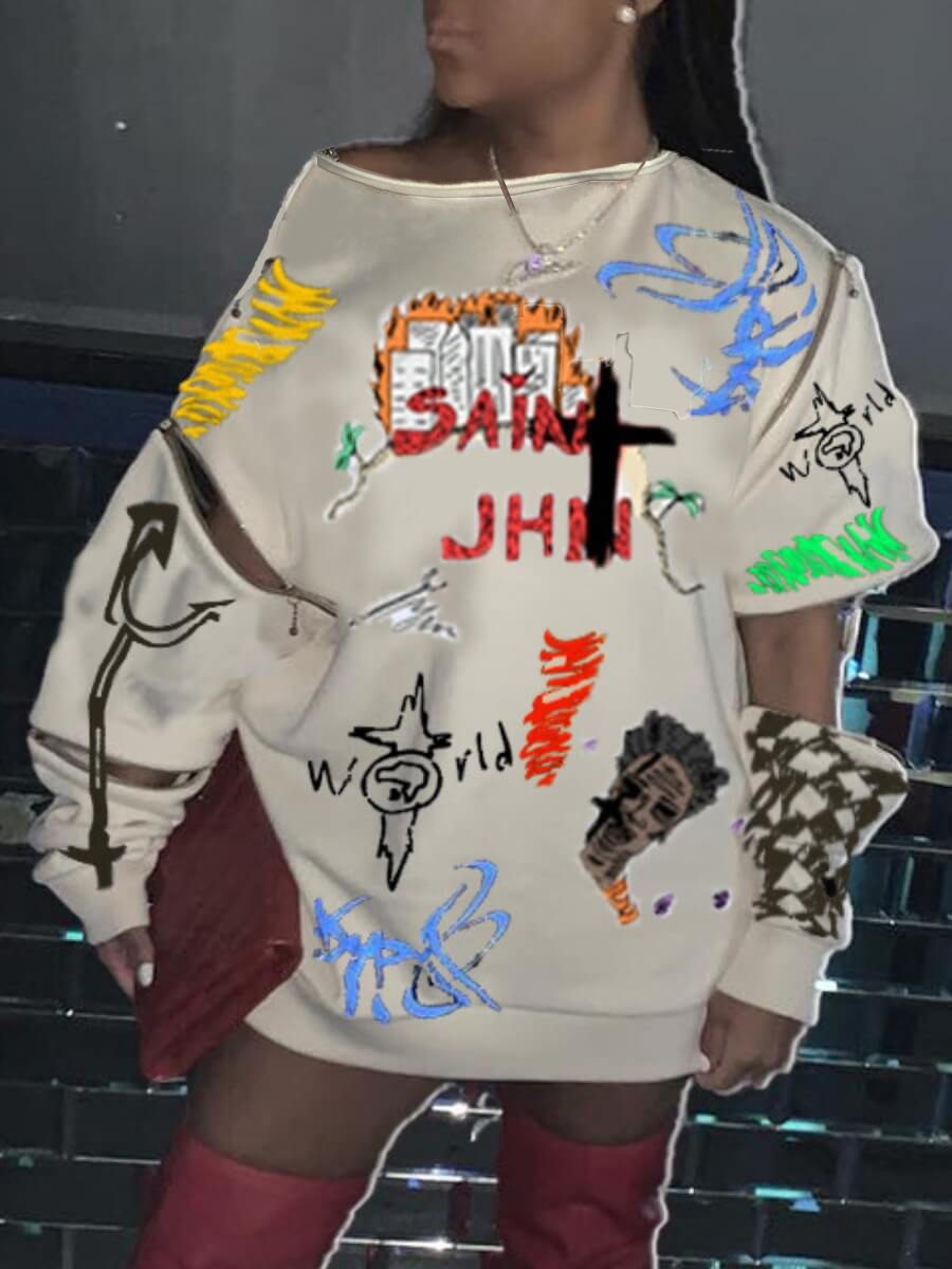 

LW Hollow-out Design Graffiti Sweat Dress, Apricot