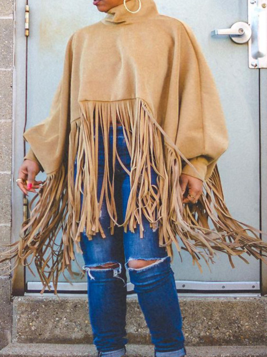 

LW Plus Size Tassel Design Lantern Sleeve Overcoat Sweatshirt, Khaki