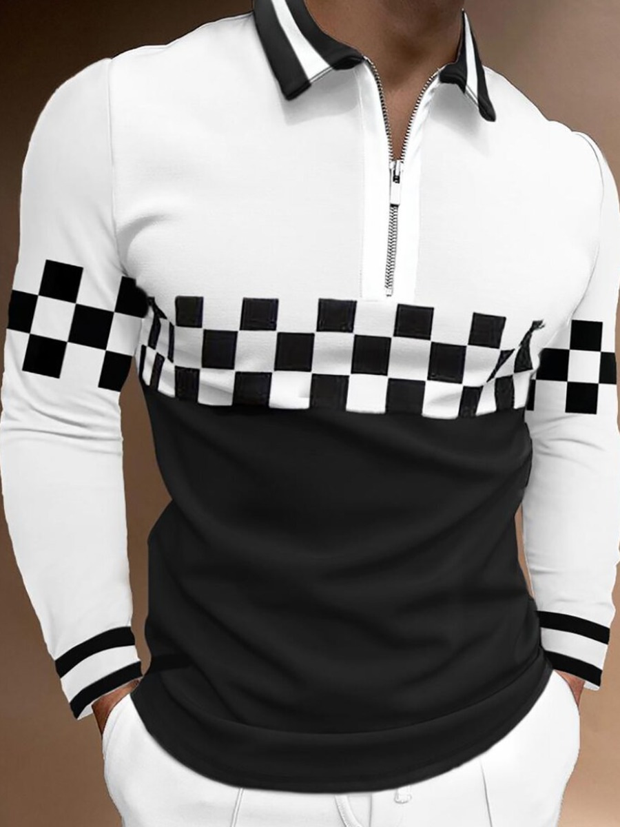 

LW Men Striped Plaid Patchwork Polo, Black