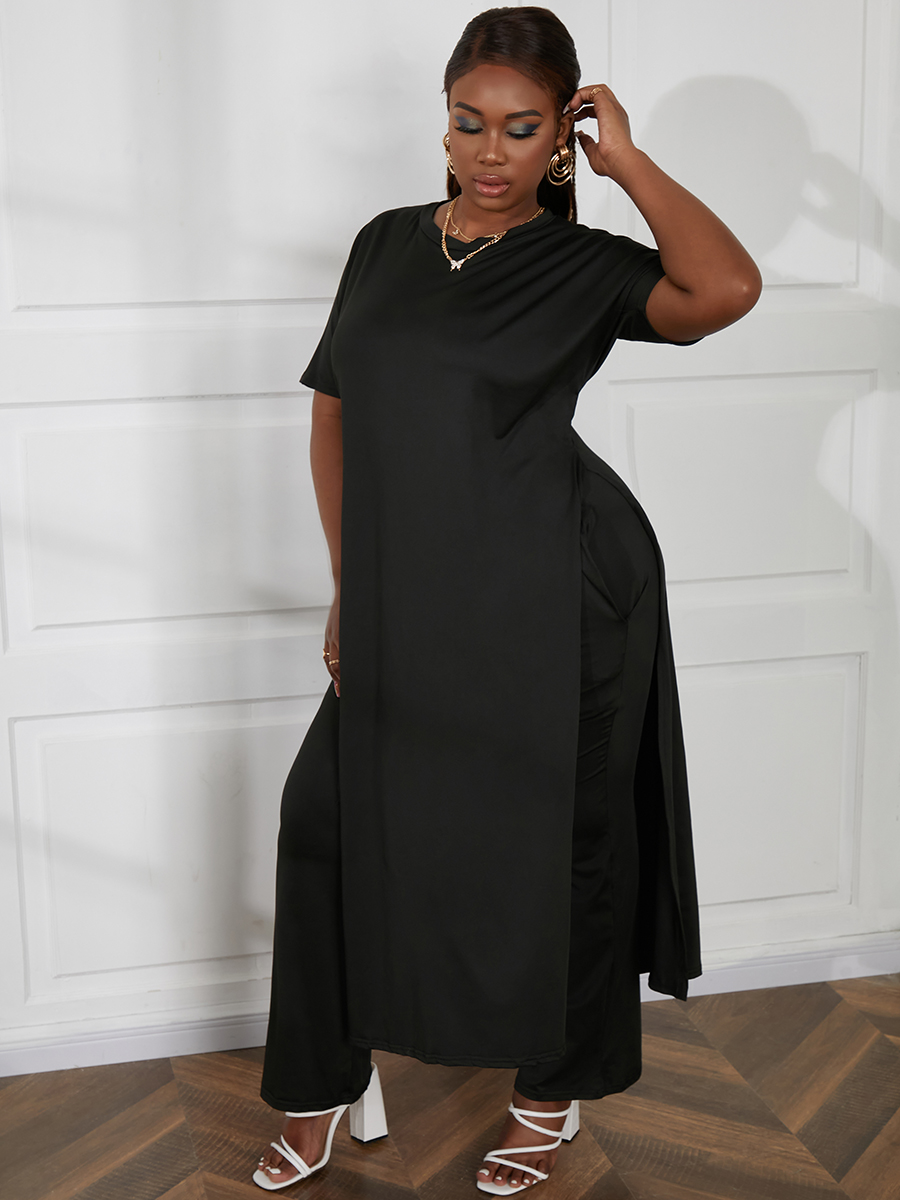 

LW Plus Size Pocket Design High Split Pants Set, Black