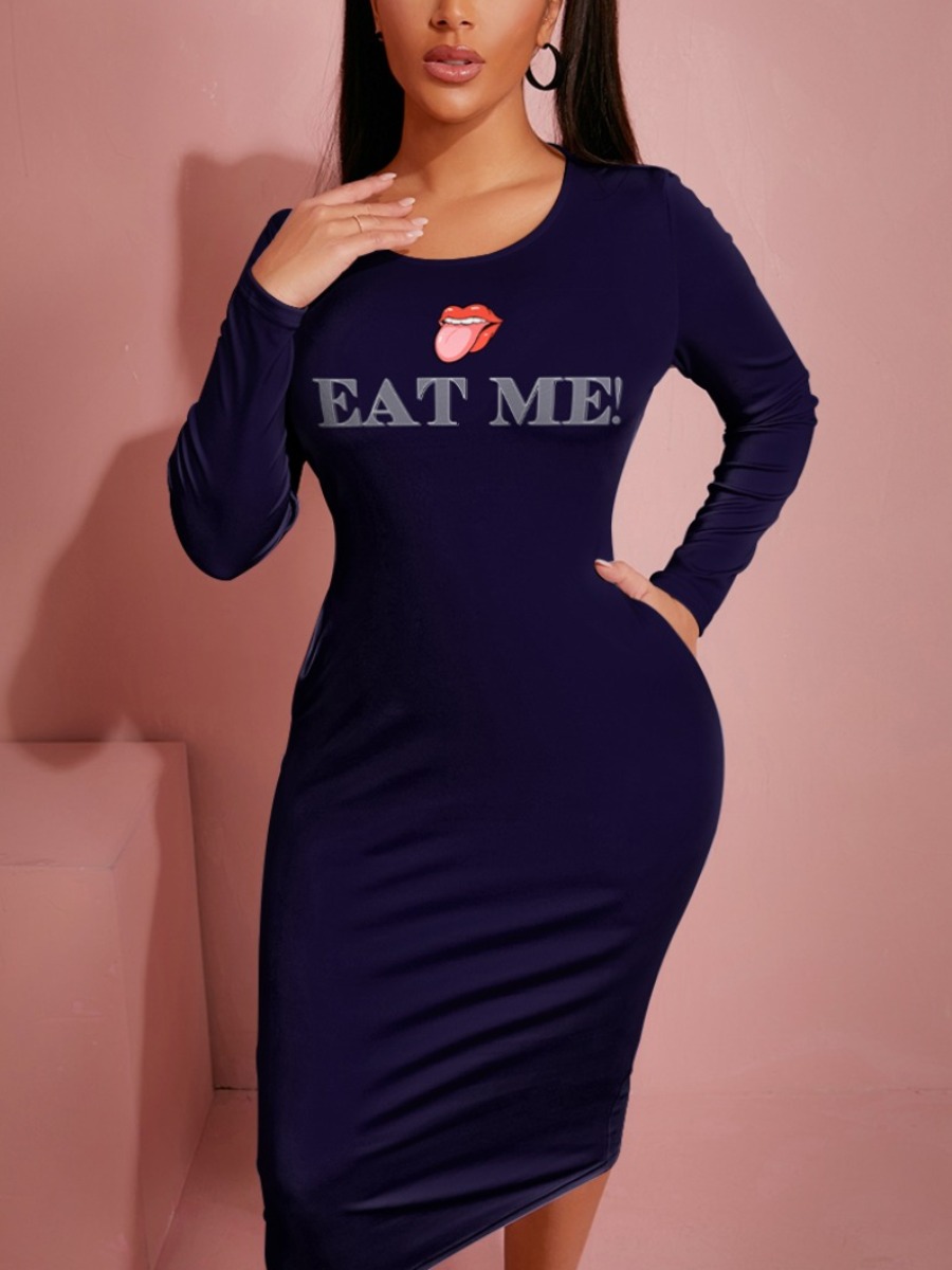 

LW BASICS Letter Lip Print Bodycon Dress, Black