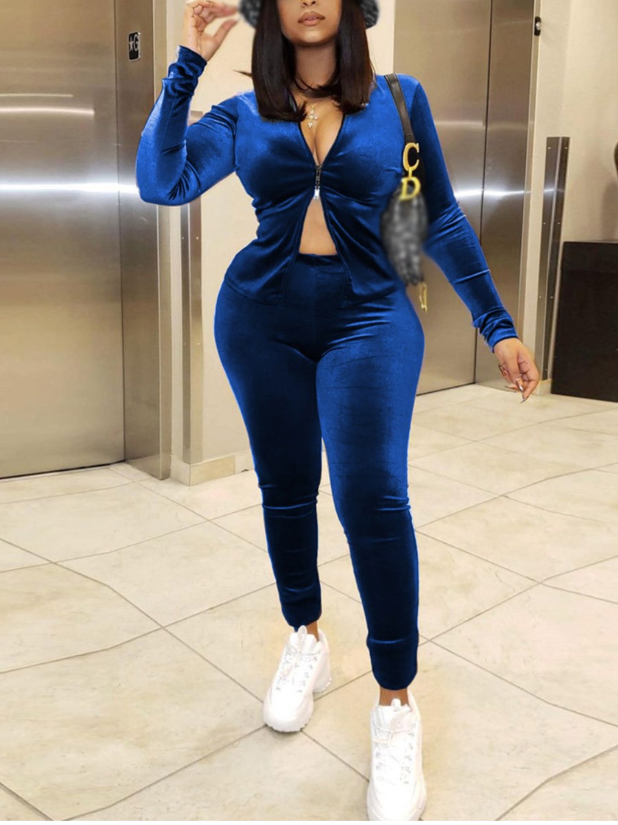

LW Velvet Zipper Design Basic Skinny Pants Set, Blue