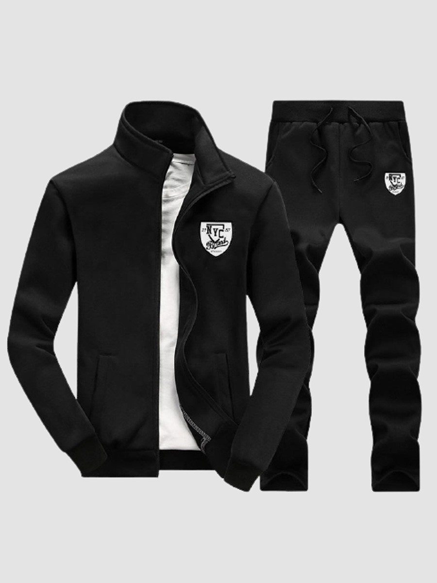 

LW Men Letter Print Pocket Design Tracksuit Set, Black