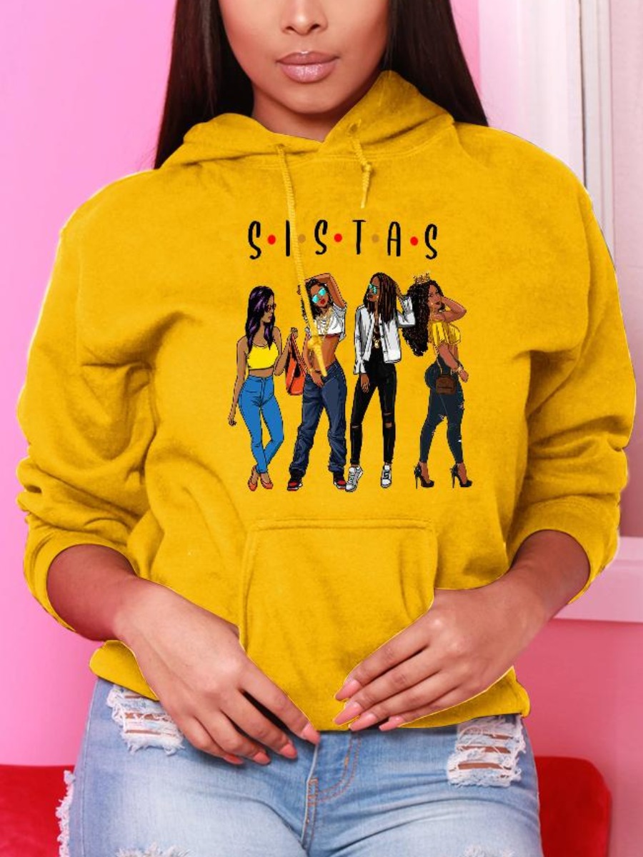 

LW Letter Figure Print Pocket Design Hoodie, Yellow