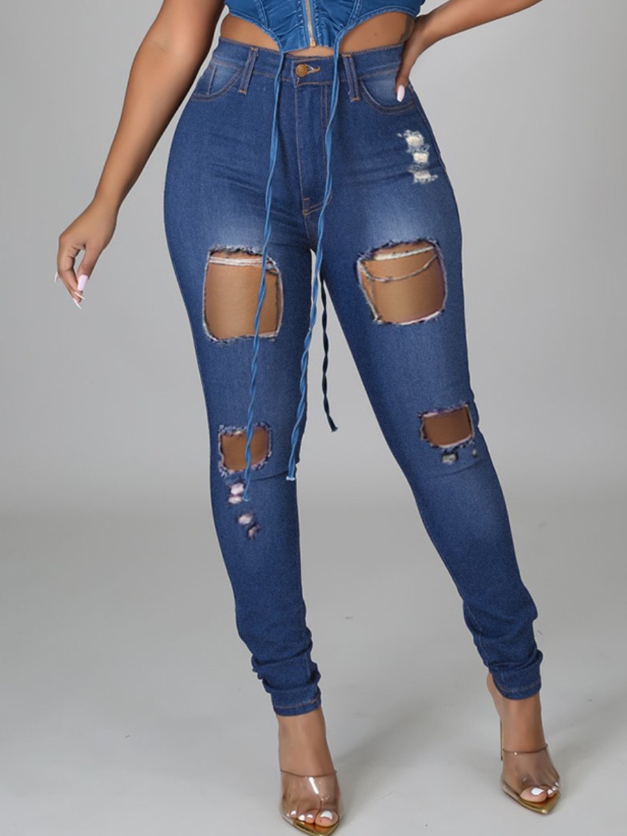

LW Destroyed Ripped Solid Skinny Jeans, Blue