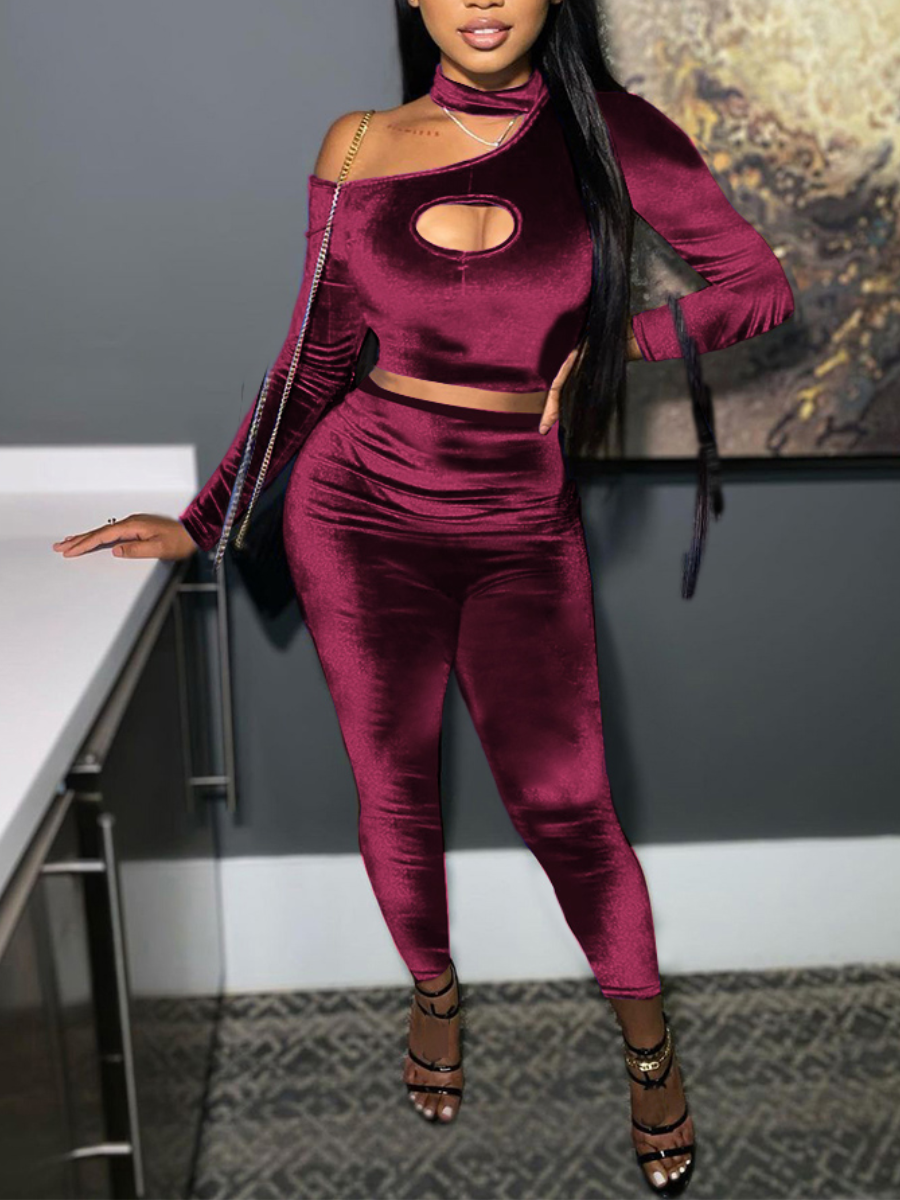 

LW SXY Pleuche Hollow-out Design Skinny Pants Set, Wine red