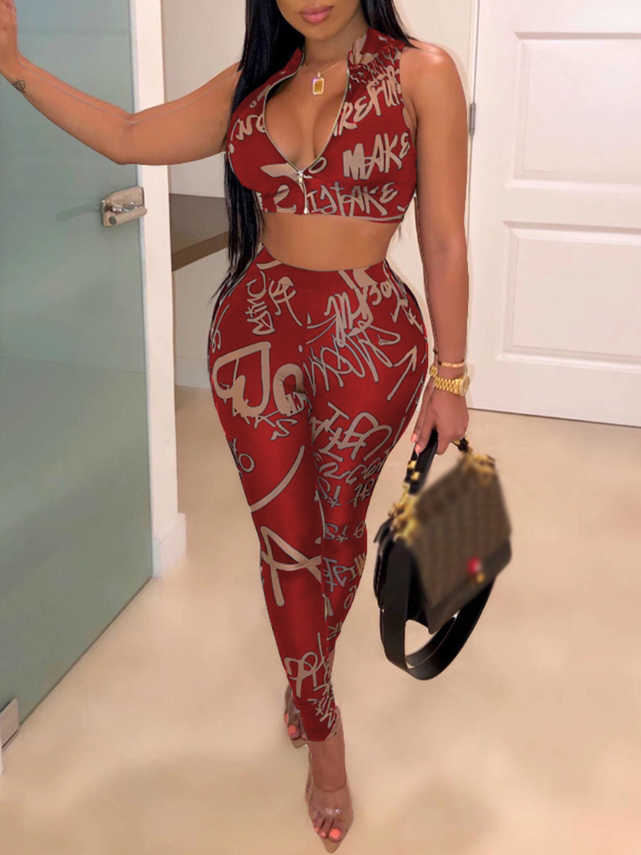 

LW SXY Sleeveless Printed Wine Red Two-piece Pants Set