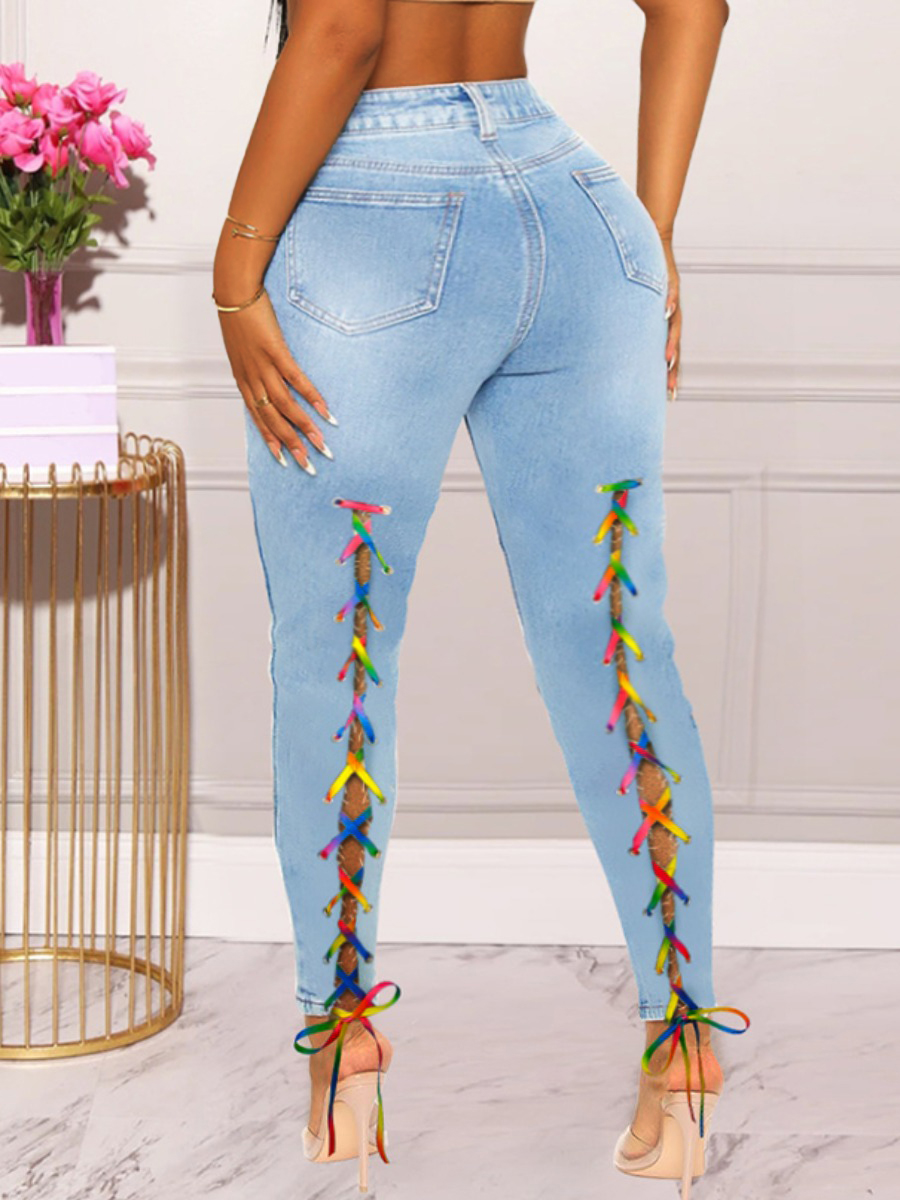 

LW Plus Size Bandage Hollow-out Design Jeans, Baby blue