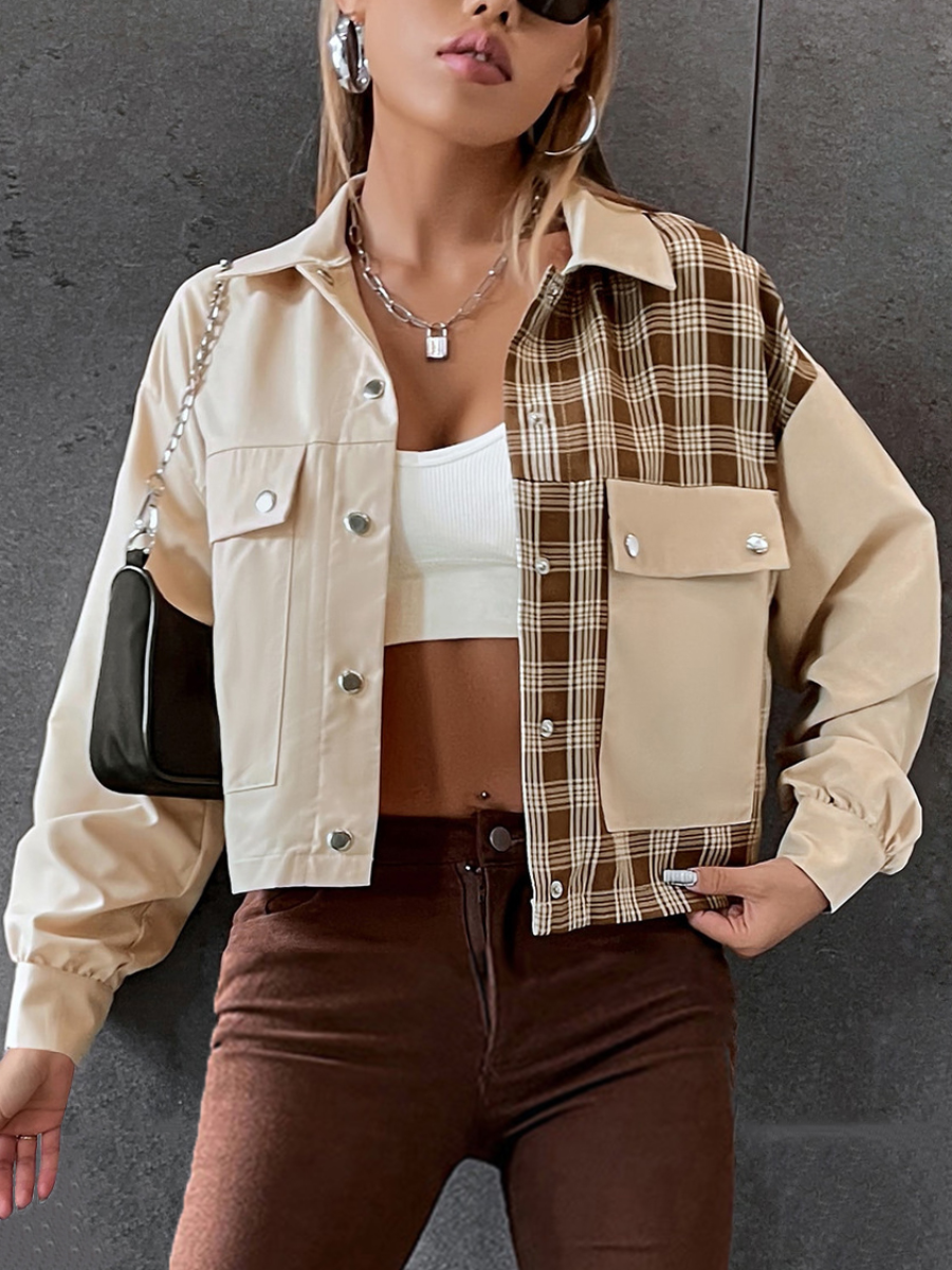 

LW Plaid Pocket Design Snap Buckle Jacket, Khaki
