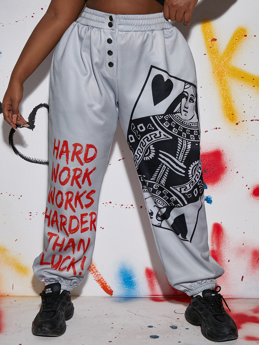 

LW Plus Size Poker Letter Print Pants, Grey