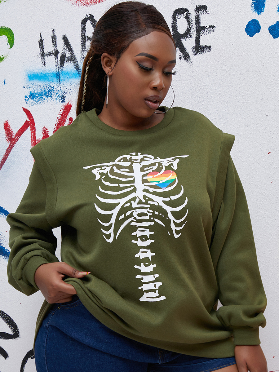 

LW Plus Size Polyester Skull Head Print Loose Sweatshirts&Hoodies, Army green