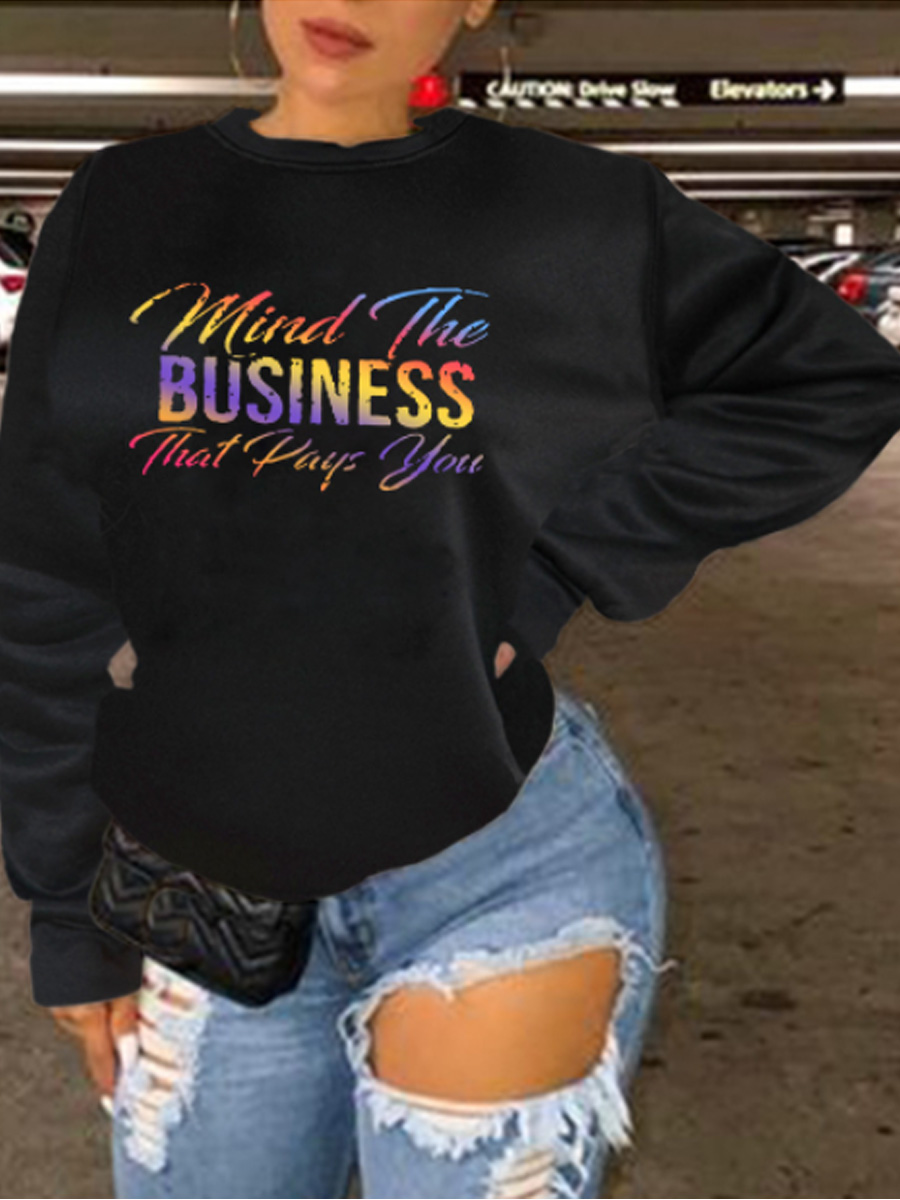 

LW Plus Size Letter Print Pullover Sweatshirt, Pitch-black