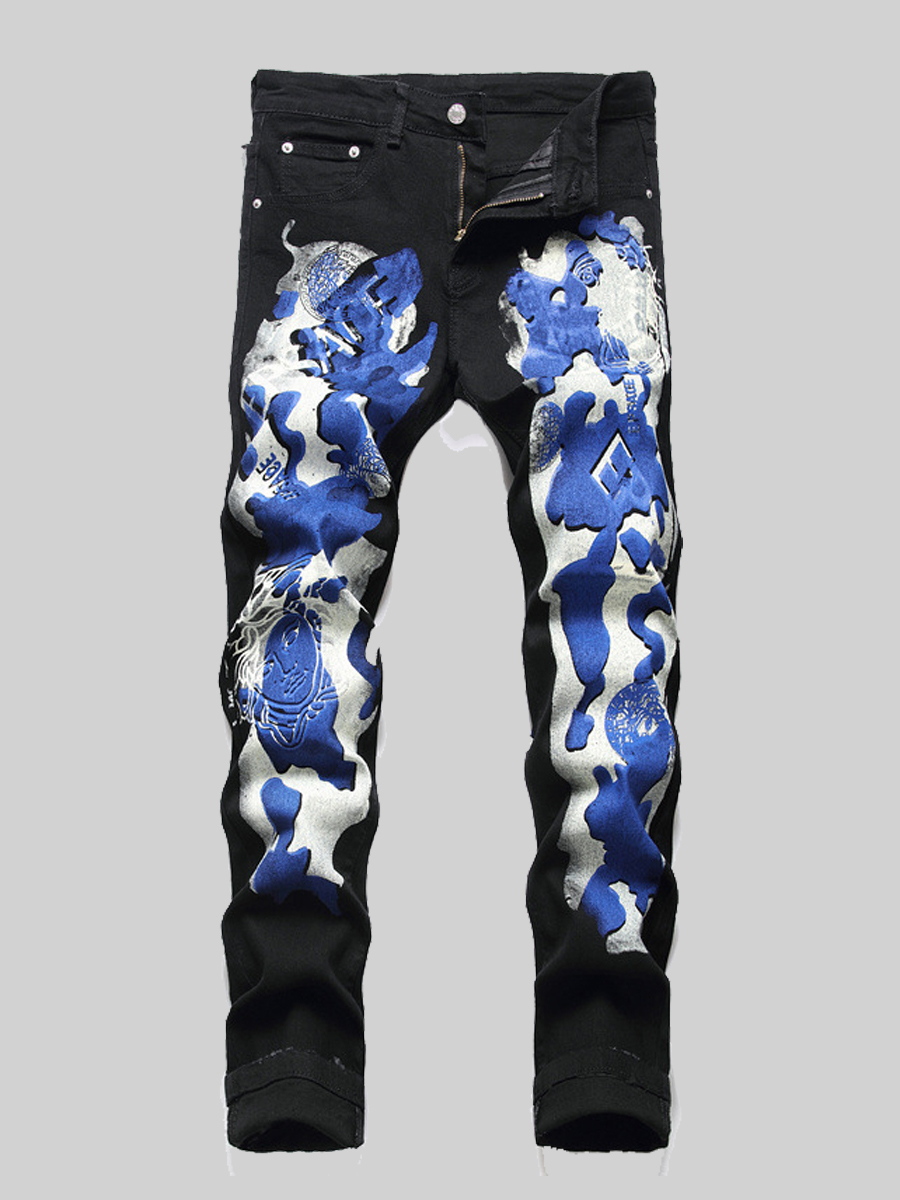 

LW Men Stretch Letter Print Patchwork Jeans, Black
