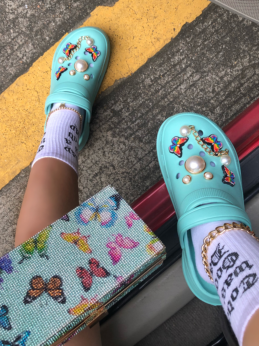

LW Chains Pearl Patchwork Daily Slippers (Decorate DIY), Cyan