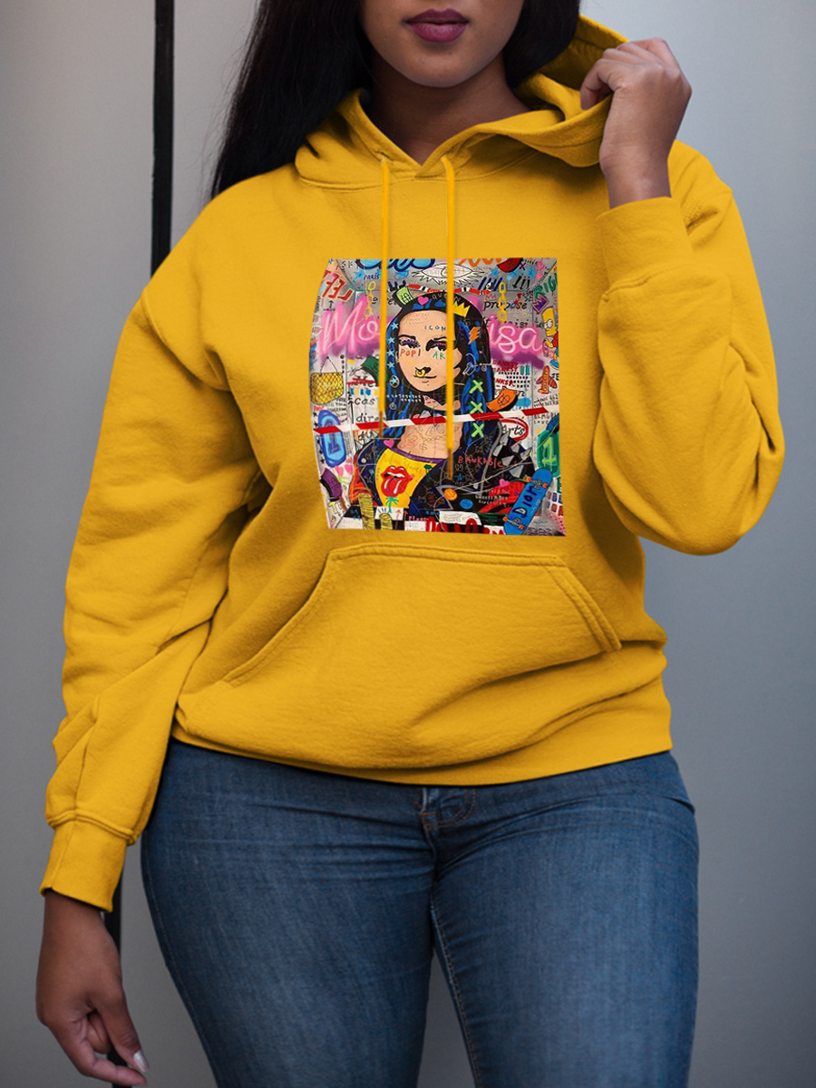 

LW Plus Size Figure Print Pocket Design Hoodie, Yellow