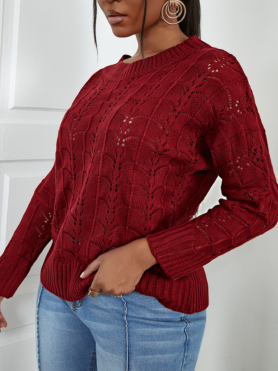 

LW Drop Shoulder Pointelle Knit Sweater, Wine red