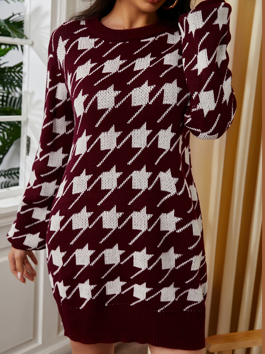 

LW Lantern Sleeve Houndstooth Sweater Dress, Wine red