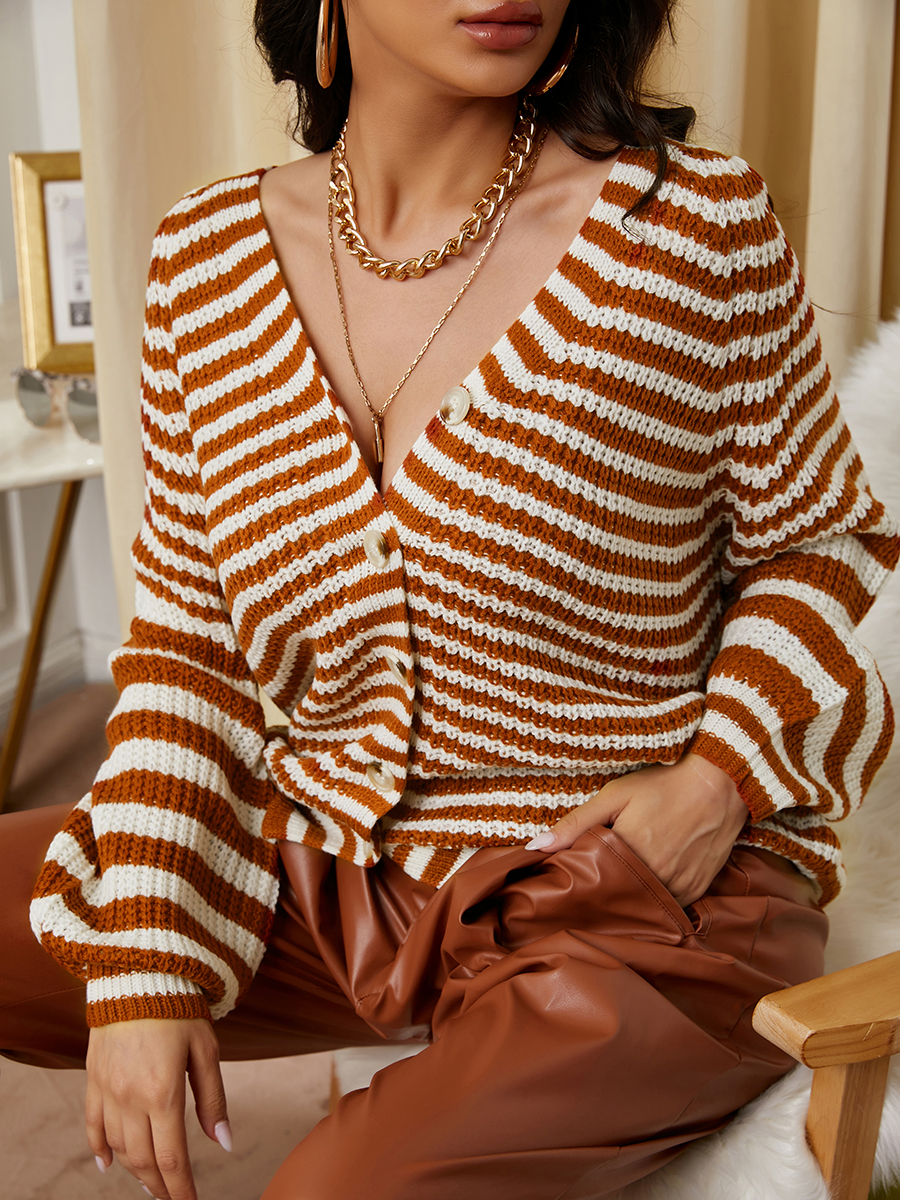 

LW Striped Button Design Cardigan, Brown