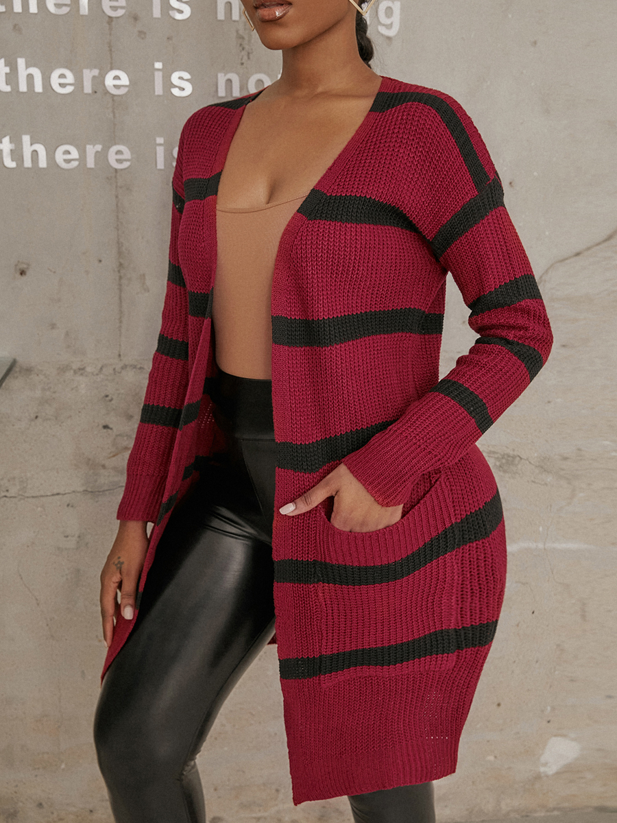 

LW Striped Double Pocket Cardigan, Red