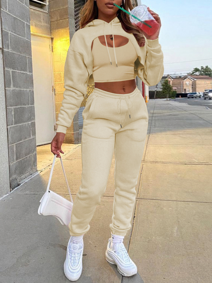 

LW Sweat Drawstring Crop Top Three-piece Tracksuit Set, Apricot
