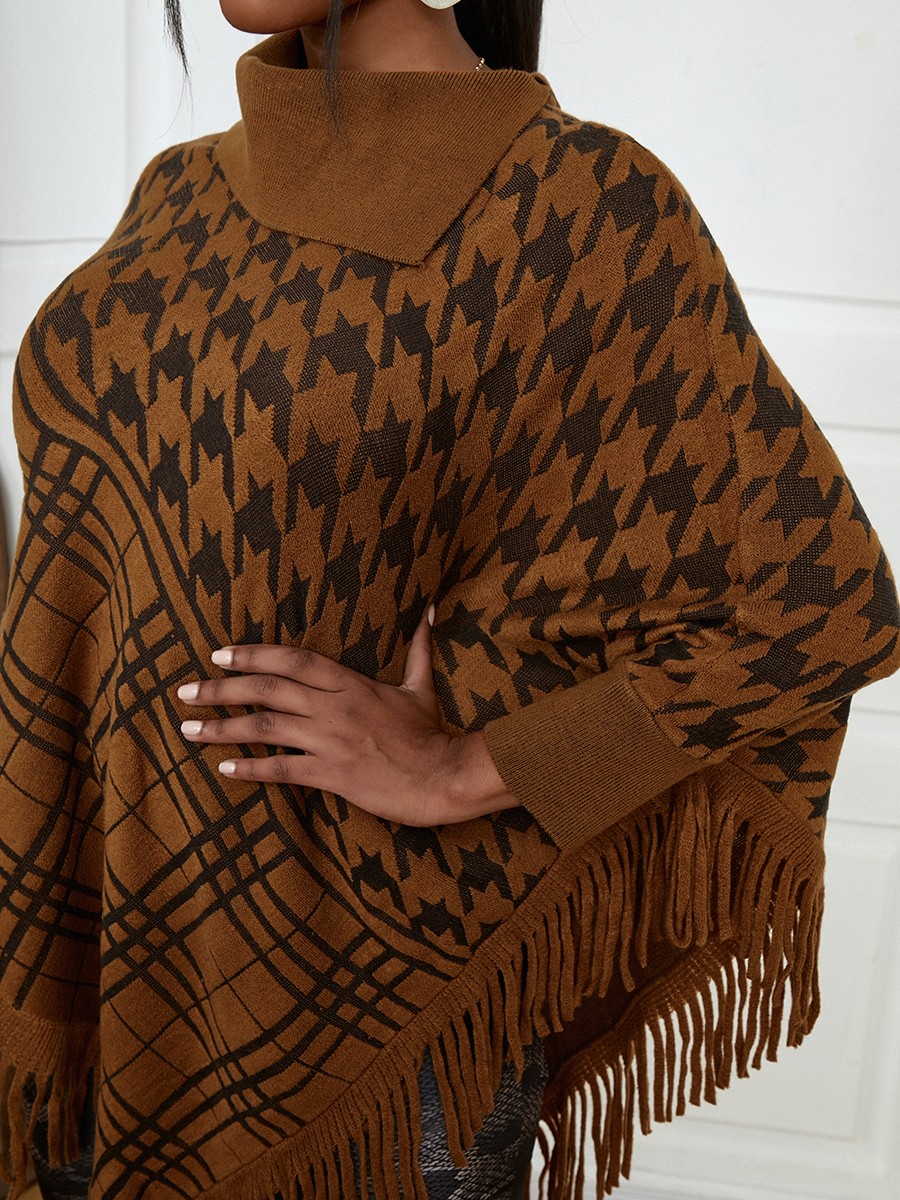 

LW Houndstooth Plaid Pattern Tassel Design Sweater, Light tan