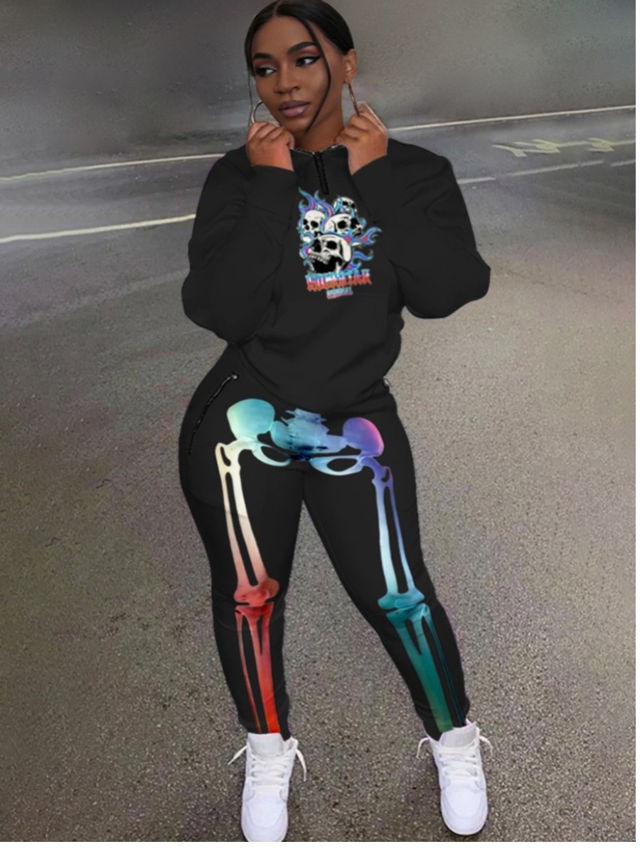LW Cotton Turtleneck Gradient Skull Print Pants Set