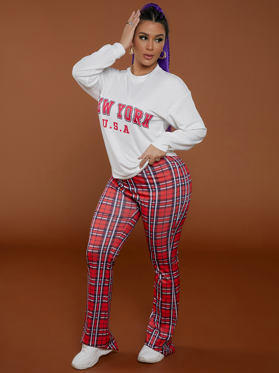 LovelyWholesale Plaid Letter Print Pants Set Fall Long Sleeve Casual Round Neck Spring Summer 2024