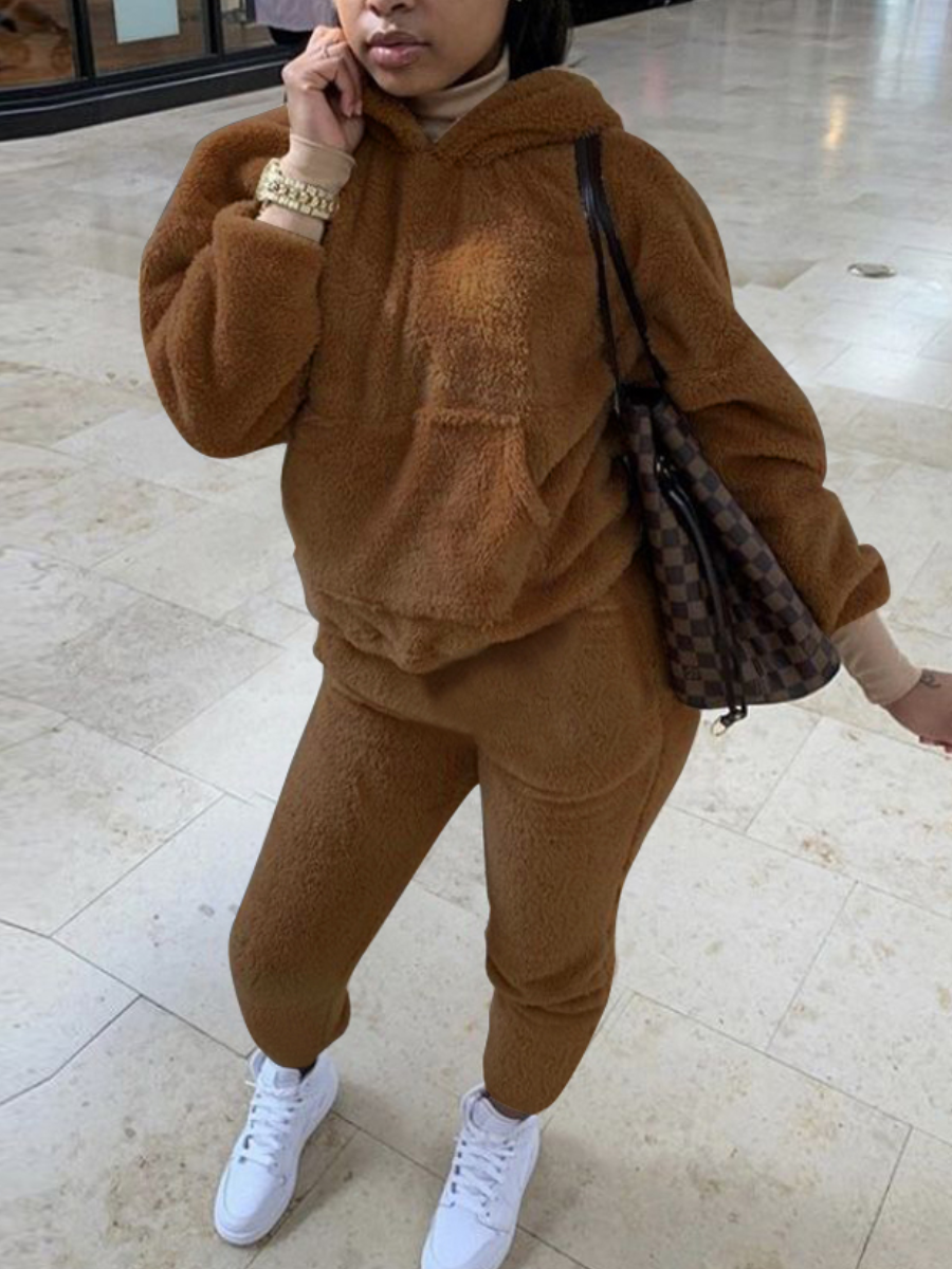 

LW Pocket Design Pullover Teddy Pants Set, Coffee