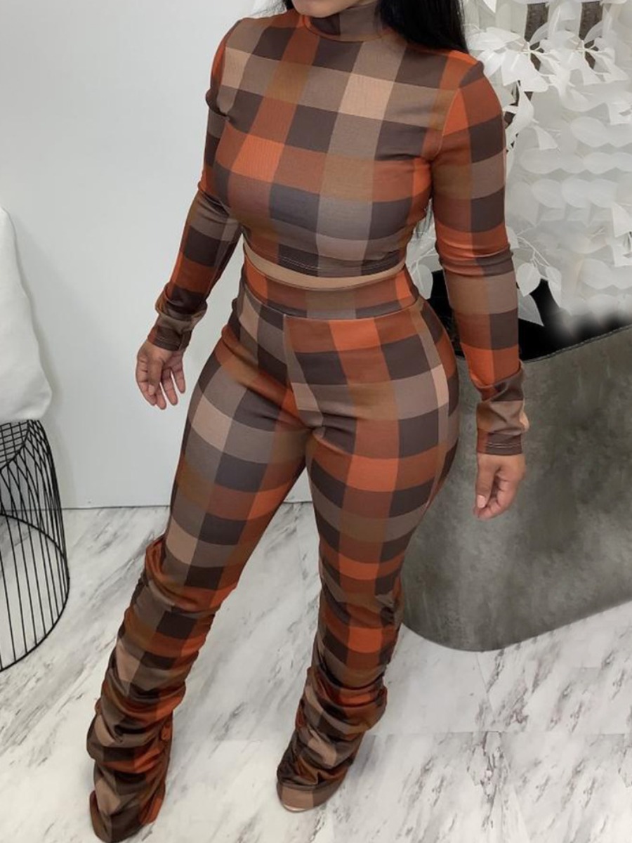 

LW Ruched Plaid Stacked Pants Set, Brown