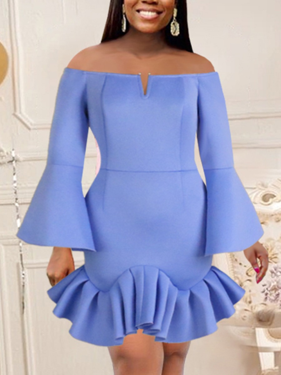 

LW Flare Sleeve Ruffle Hem Bodycon Prom Dress, Skyblue