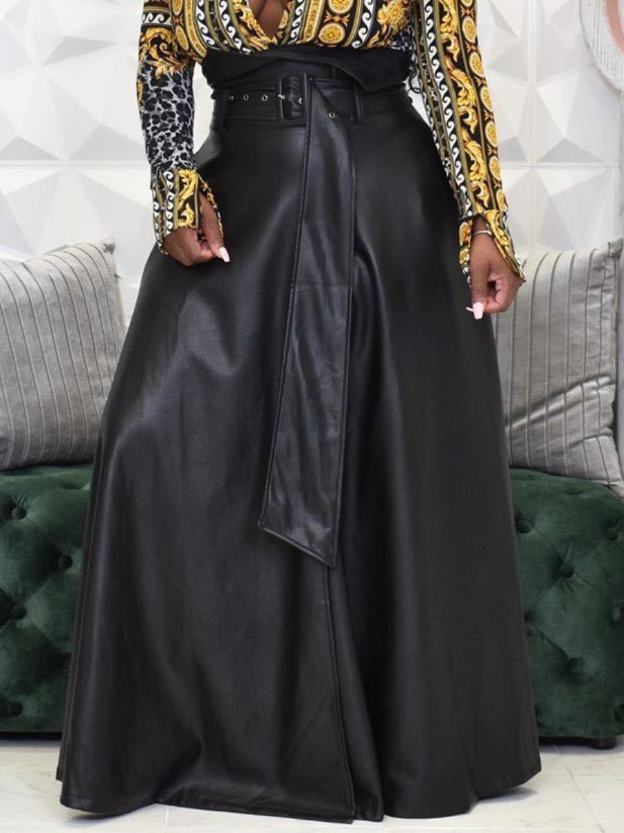 

LW Plus Size Leather Zipper Design Belted Skirt, Black