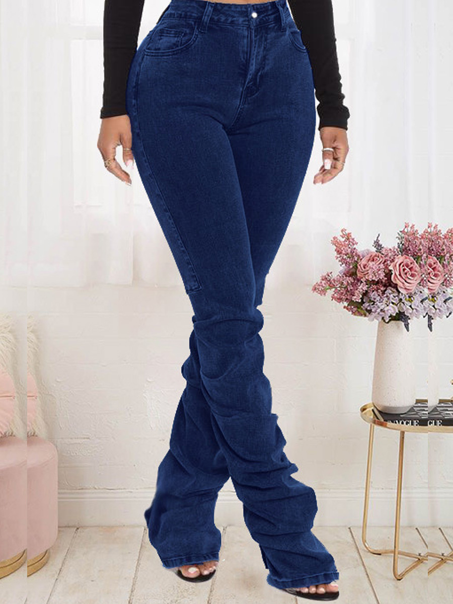 

LW Ruched Solid Stacked Jeans, Deep blue