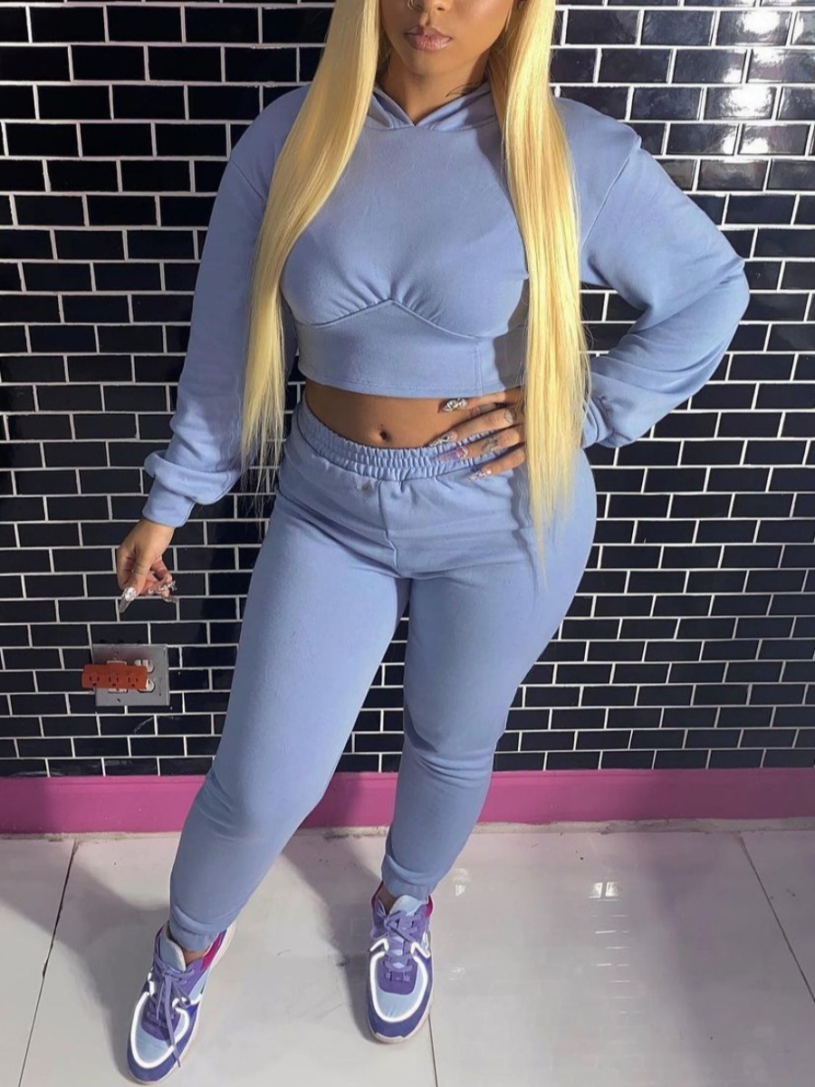 

LW Elastic Waist Crop Top Pullover Tracksuit Set, Blue