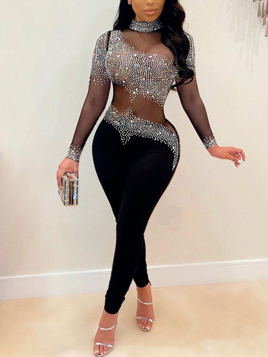 LovelyWholesale Rhinestone See Through Jumpsuit Fall Long Sleeve Elegant See Through Turtleneck Spring Summer 2024