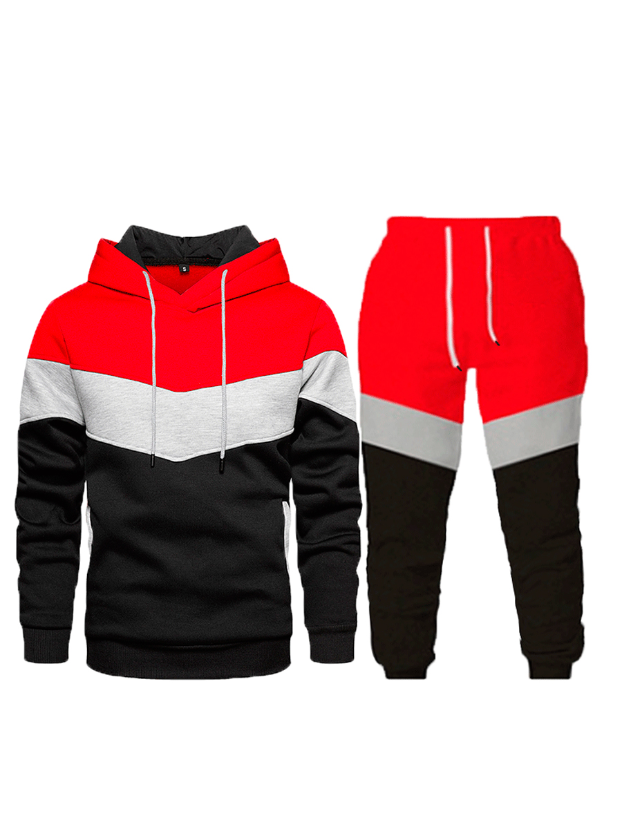LW Men Drawstring Color-lump Patchwork Sweatsuit Set